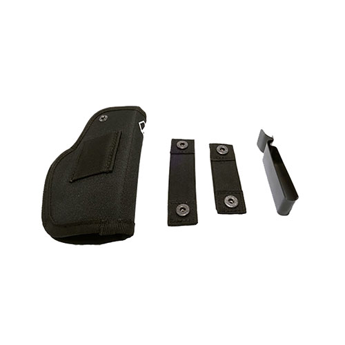 L'Alpha Precision Universal Holster è versatile, adattabile a diverse dimensioni di armi e offre montaggio a destra o sinistra, garantendo sicurezza e comodità.